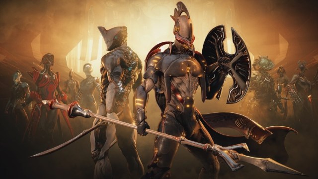 Promotional image of two unique Warframes posing for a picture.