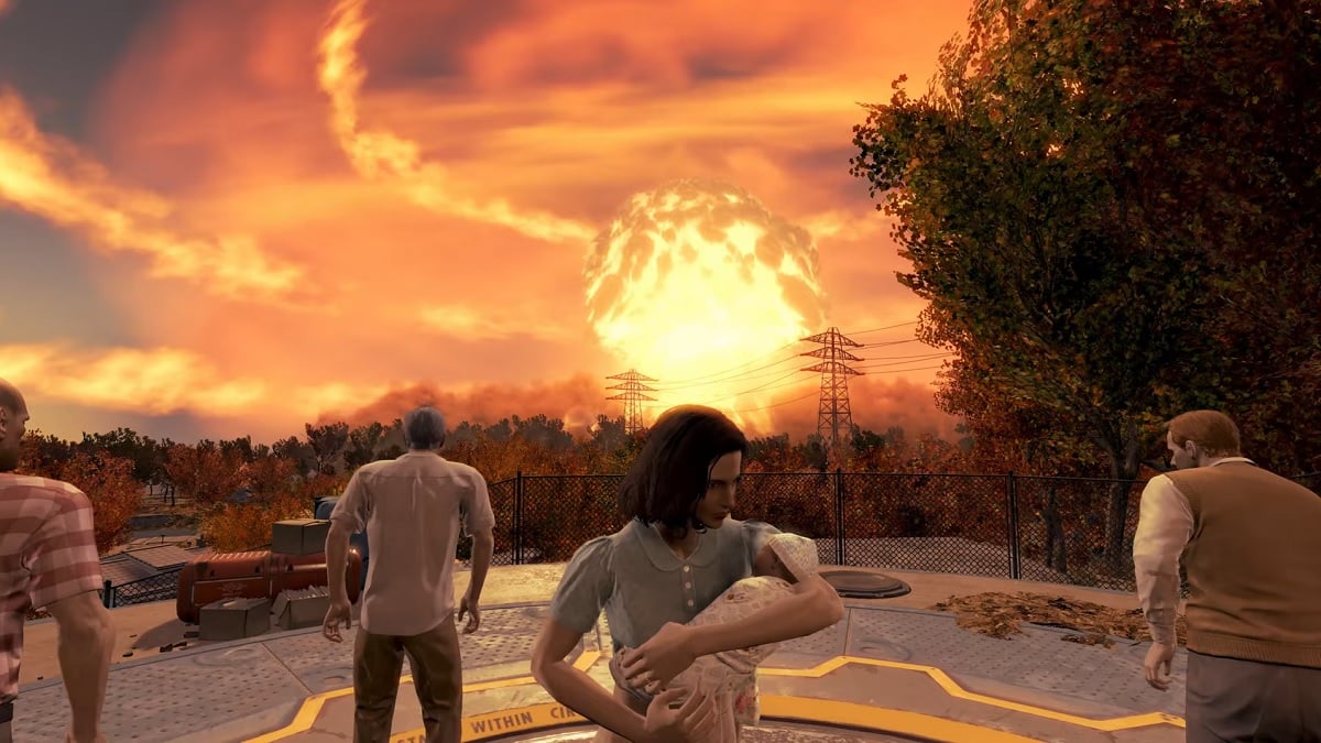 Fallout 4: a nuclear explosion can be seen going off in the distance.