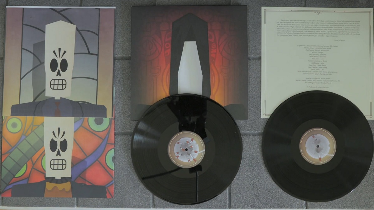 Photo of the Grim Fandango soundtrack vinyl featuring the numerous sleeve covers.