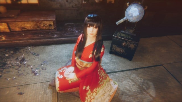 Hollow Cocoon: Ein junges Mädchen in einem roten Kimono kniet nieder.