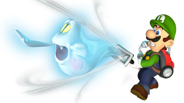 Luigi's mansion picture showing luigi sucking up a ghost using his vacuum