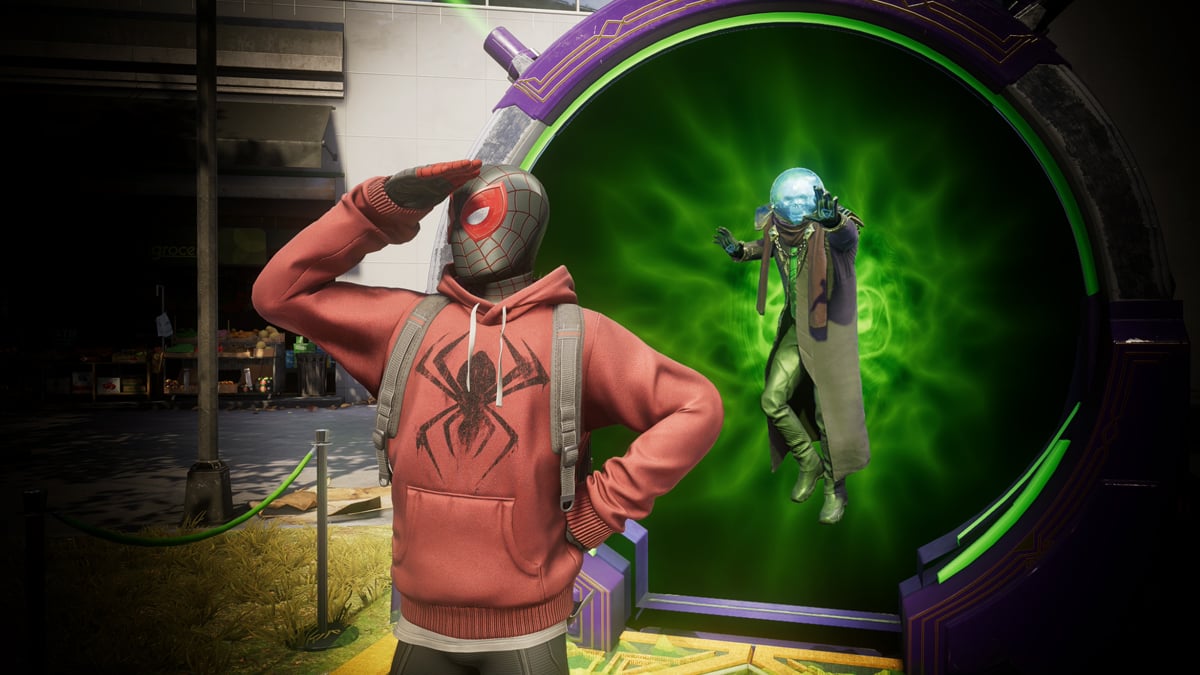 Mysterio reaching for Miles Morales from a portal behind him