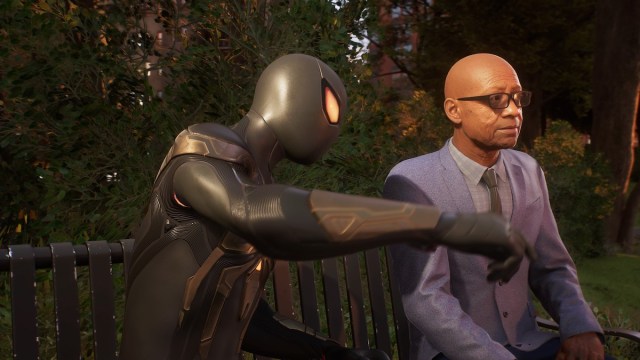 Miles Morales and an old man in Spider-Man 2.