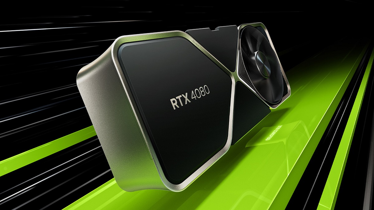 Eine Nvidia RTX 4080-Grafikkarte auf schwarzem und grünem Hintergrund.
