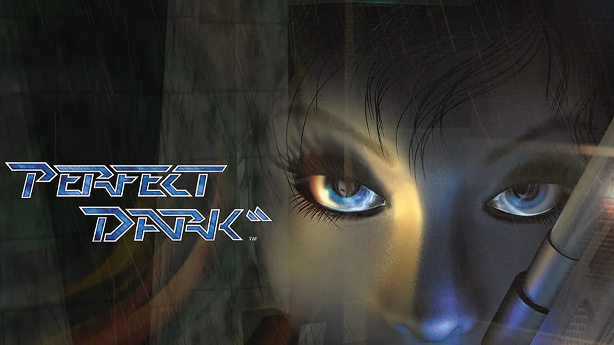 Perfect Dark-Logo mit Joanna Darks Gesicht daneben.