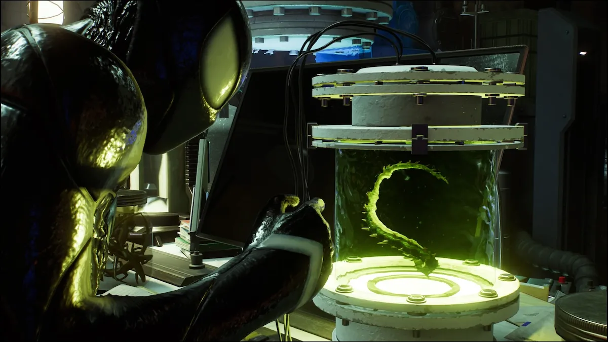 Peter Parker looking at tail in Spider-Man 2.