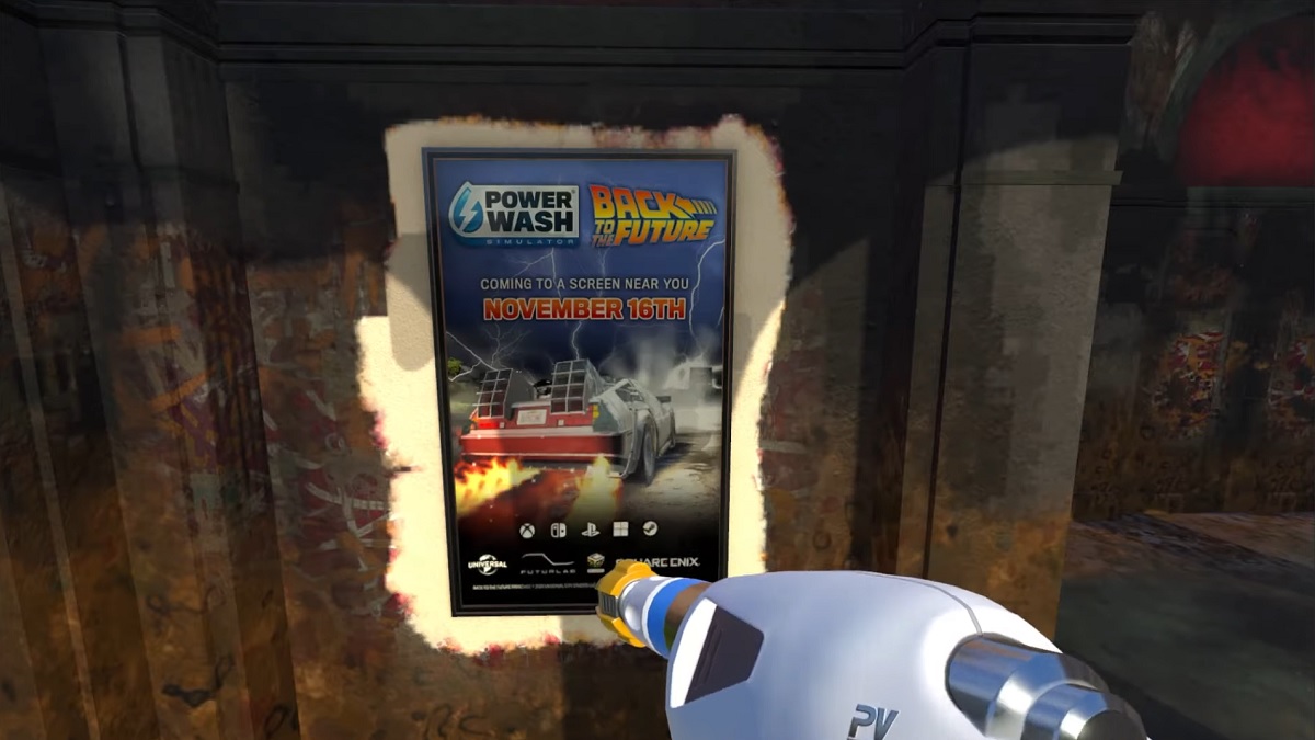 PowerWash Simulator: a poster revealing the release date for the Back to the Future DLC.