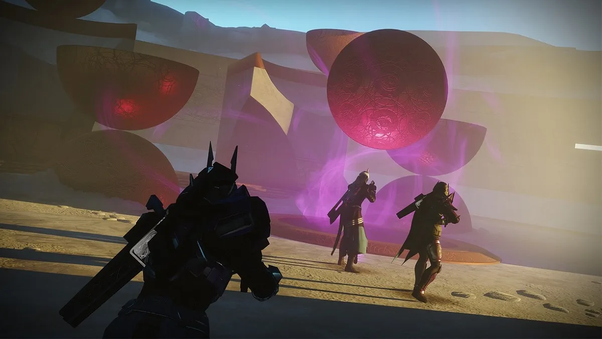 An image of one of the first encounters in the Prophecy Destiny 2 Dungeon, depicting strange geometric shapes and the general aesthetic of the Nine.