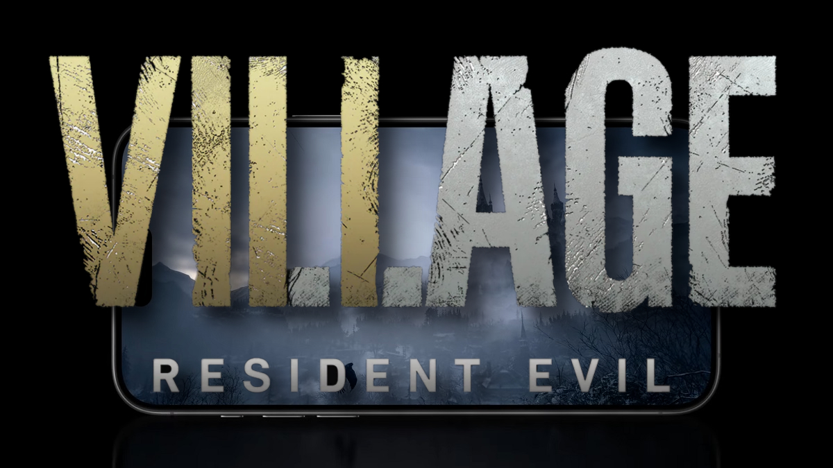 Resident Evil Village logo with a phone screen showing the game behind it.