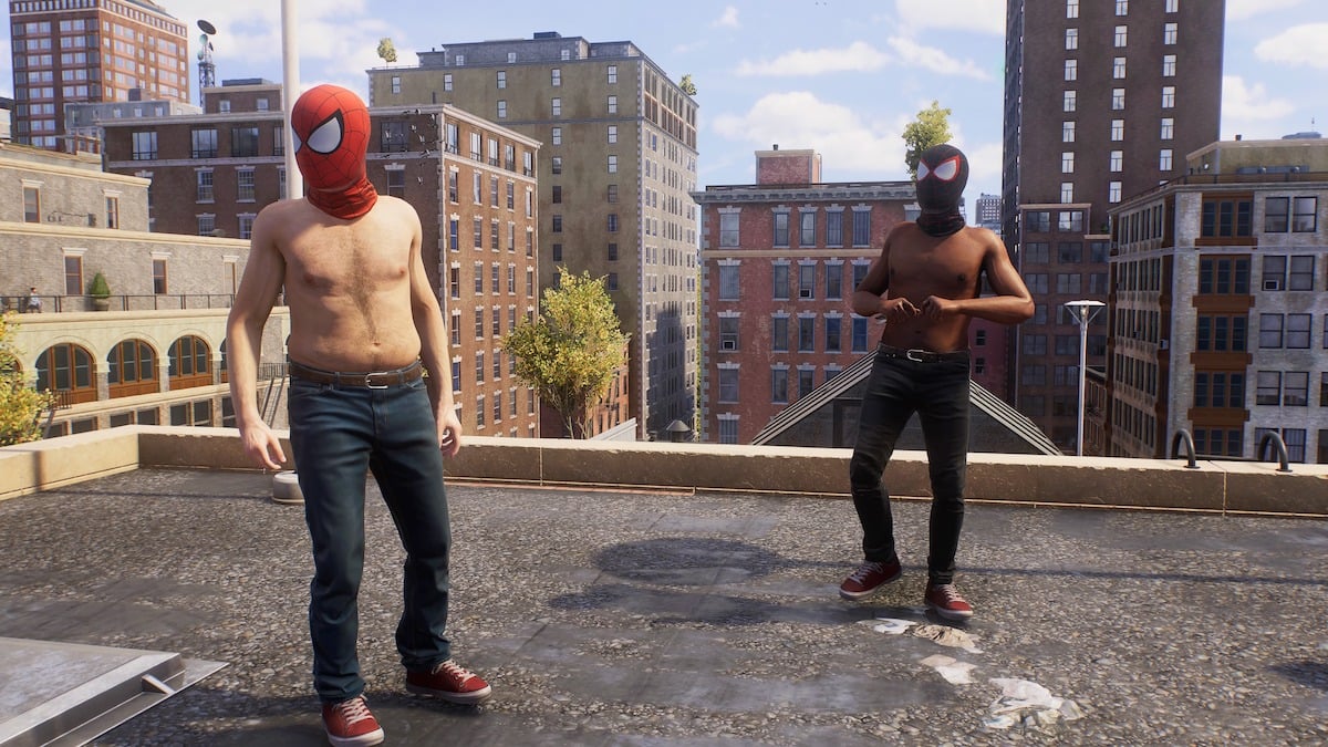 Men cosplaying as Spider-Man in Spider-Man 2.