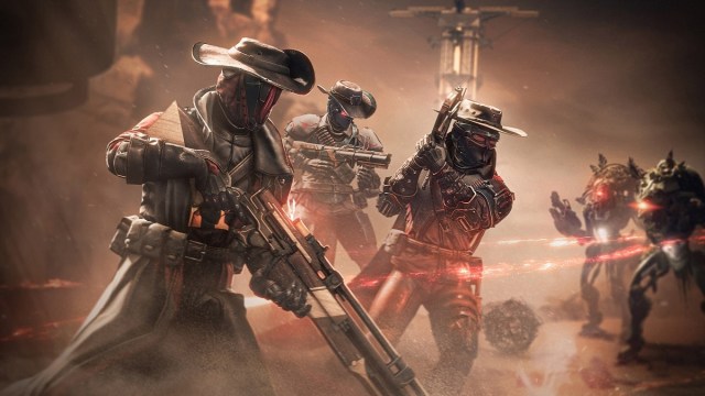 A promotional image for the Spire of the Watcher Destiny 2 Dungeon, showing off Wild West-themed weapons and armor.