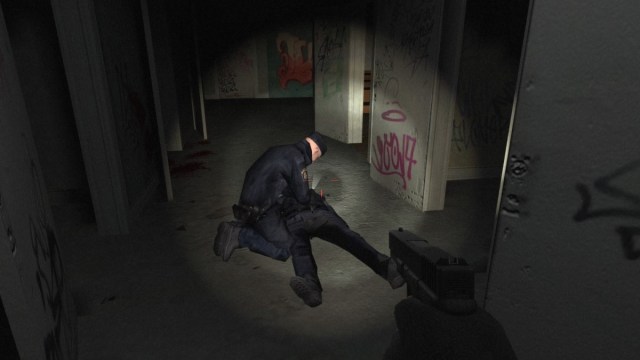 A screenshot of the player shooting a police officer in Cry of Fear.
