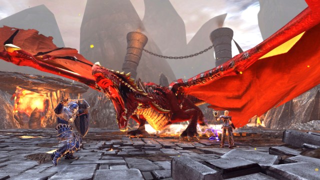 A screenshot of a Neverwinter player squad trying to deal with a huge red dragon.