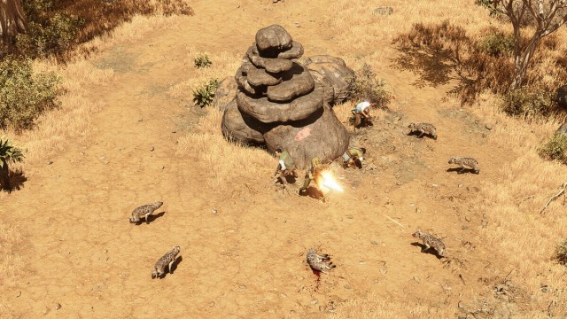 A screenshot of a small band of mercs fending off a pack of hyenas in Jagged Alliance 3.