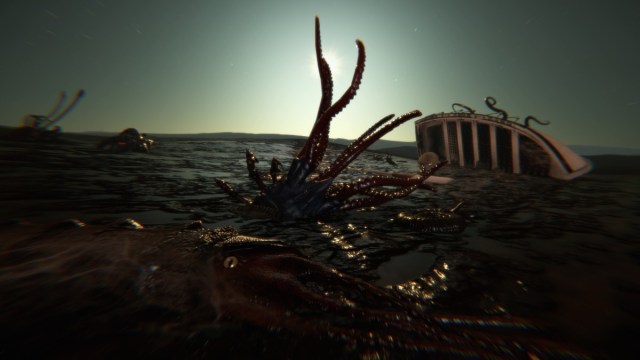 Cthulhu rising from the sea, as shown in Dagon: By HP Lovecraft.