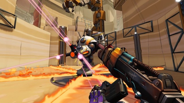 A first-person combat screenshot from Roboquest, facing off against a boss.