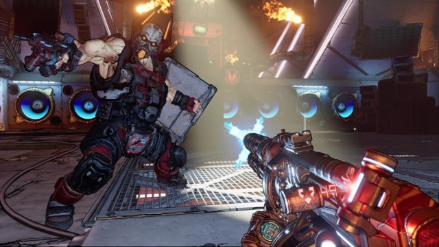 A first-person combat screenshot of one of Borderlands 3's first bosses.