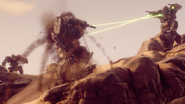 A stylized screengrab of two mechs teaming up to destroy the third in Battletech.