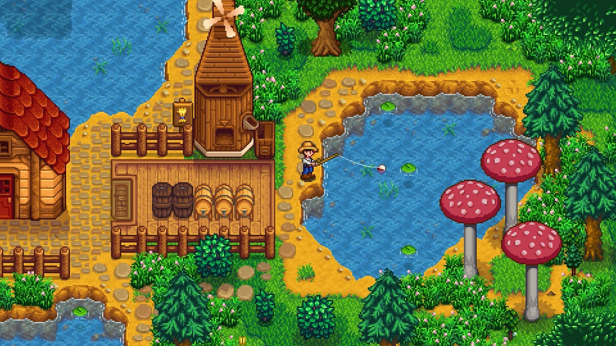 Stardew Valley: Der Spieler fischt in einem nahegelegenen Teich.