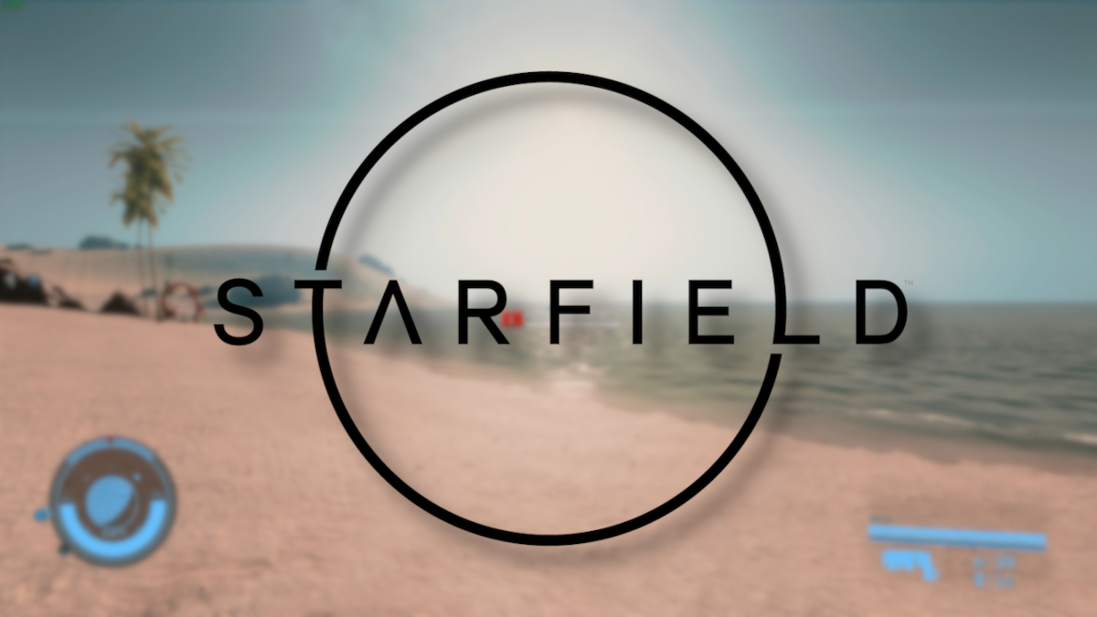 Starfield logo with a brightly lit beach behind it.