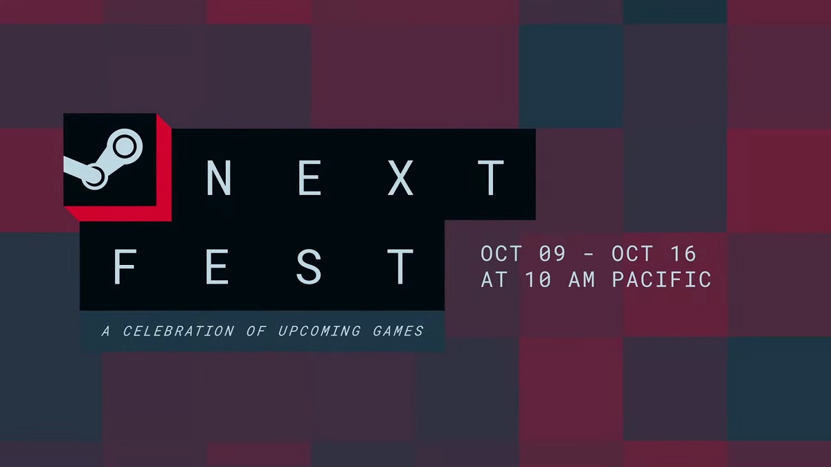 Steam Next Fest logo on a blocky, purple and teal background.