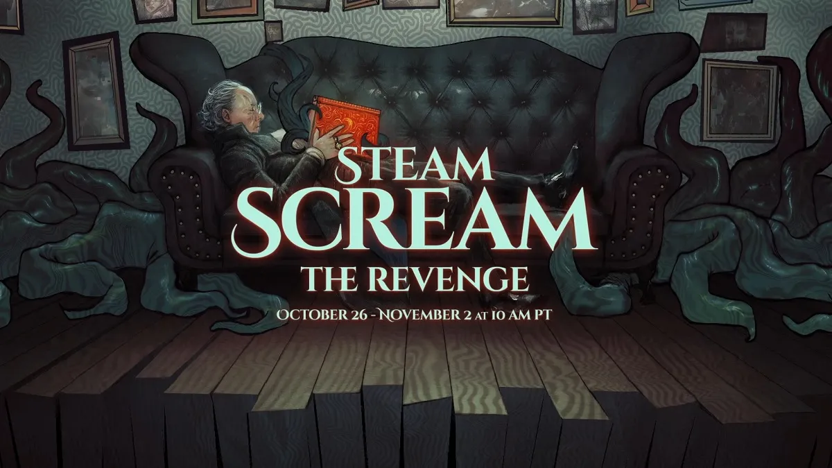 Steam Scream: an old man lying on a couch with a possessed book.