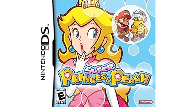 Super Princess Peach is a Mario game where Mario is not the protagonist. Box art for Nintendo ds game. Peach looks up in bubbles to see Mario being captured.