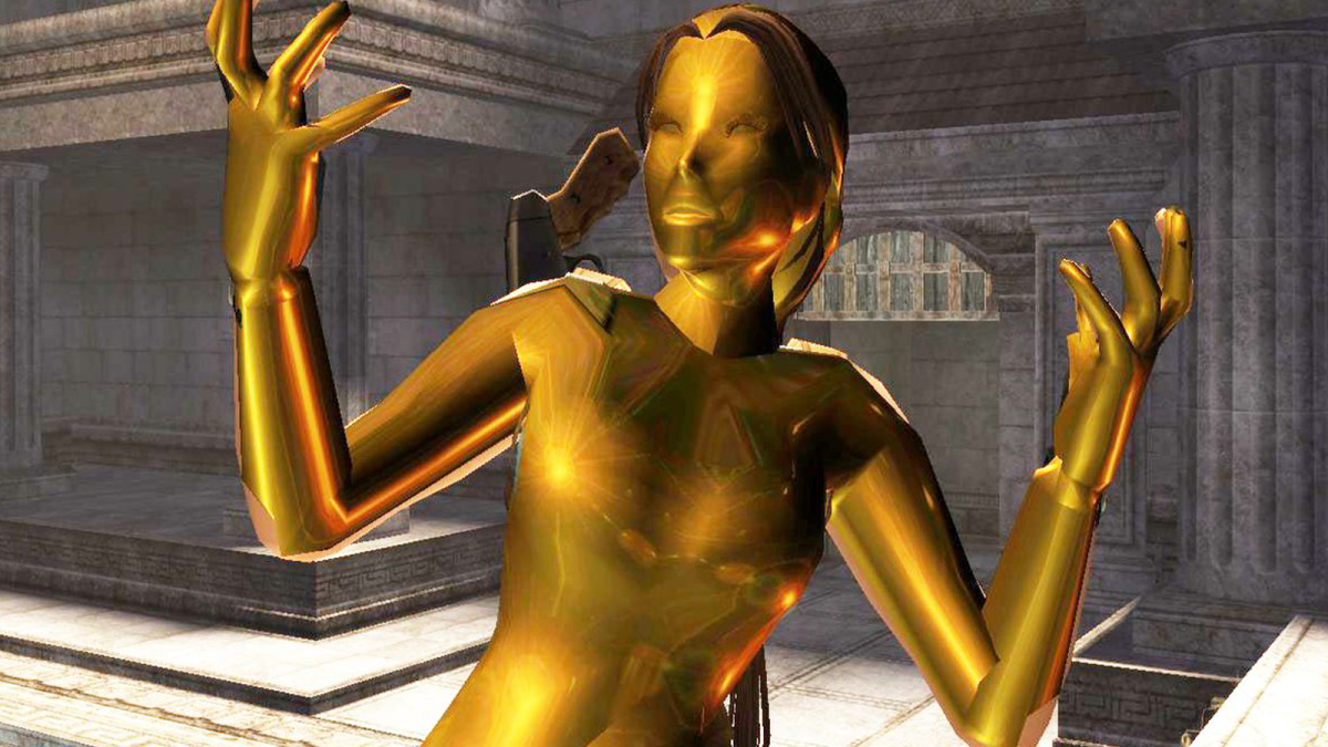 Lara Croft turned into gold by a trap.