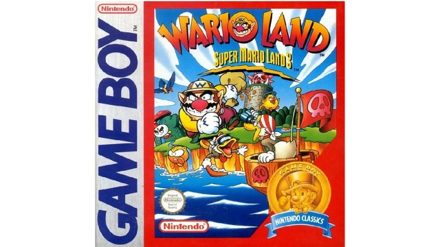 Wario land game boy box art. Bright colorful Nintendo classics version. Wario is over the water and shoulder tackling off. pirate duck is watching him
