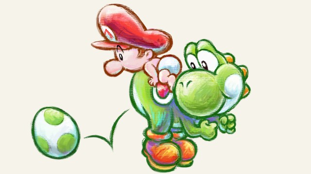 yoshi's island showing yoshi carrying mario on back and dropping an egg. Baby mario looks back to watch it come out