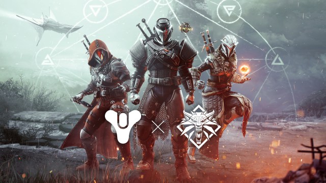Three Destiny 2 Guardians showing off their accessories from The Witcher crossover. 