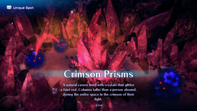 Уникальное место «Багровые призмы» заблокировано по сюжету, но вы получите к нему доступ после временного найма Ноэля в Пещере Багровых Кристаллов.
