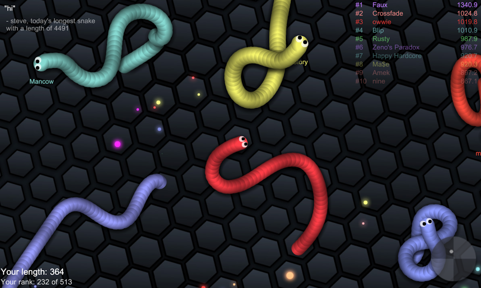 Slither io, with a 10 player game and several color worms on screen