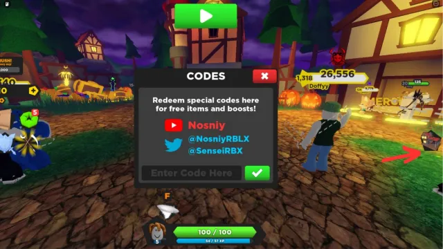 The Roblox Treasure Quest code input screen, where you must follow the developers on Twitter