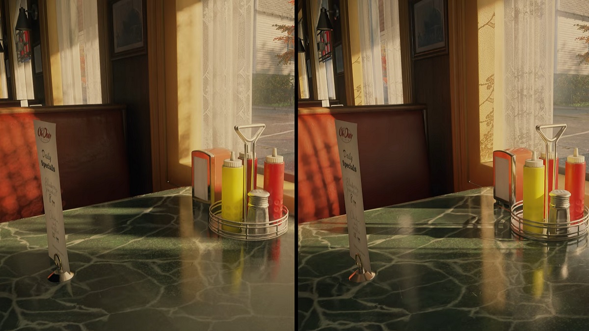 Alan Wake 2: a split image show a diner with ray tracing off on the left and ray tracing on on the right.