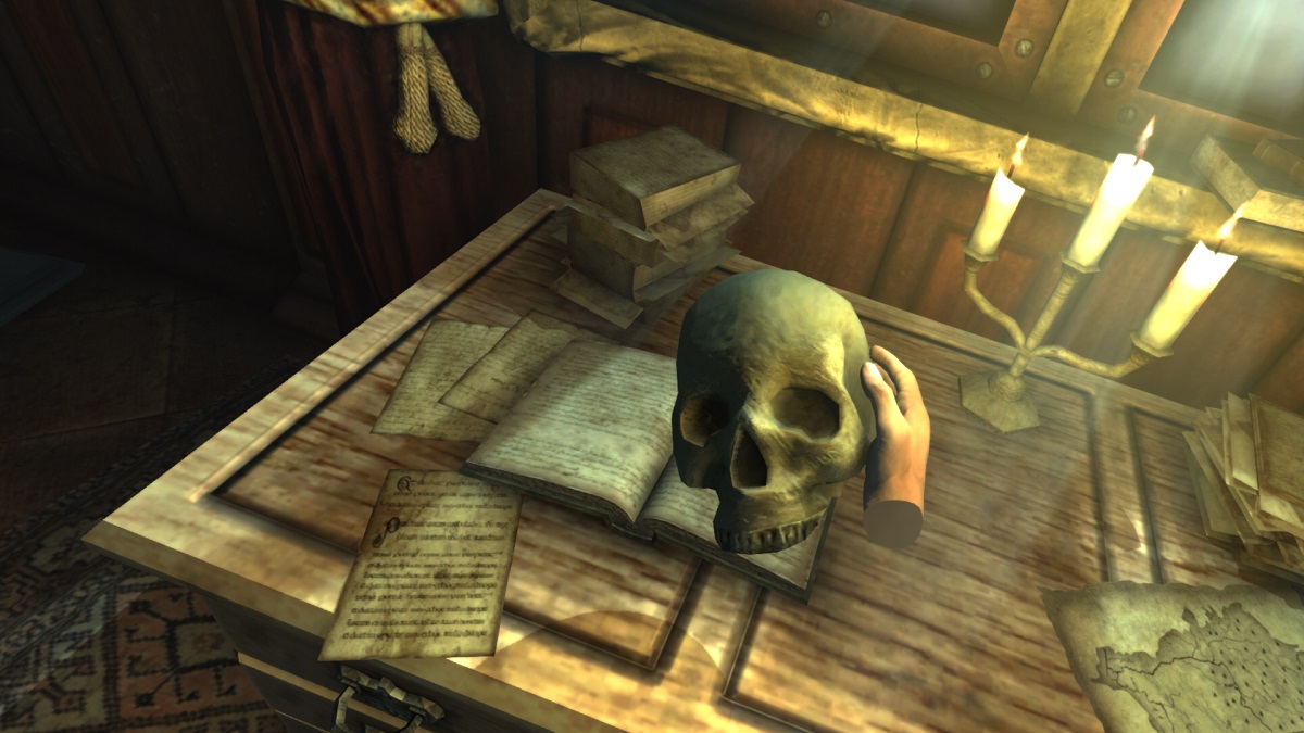 Amnesia The Dark Descent: a skull being lifted from a table by a disembodied hand.