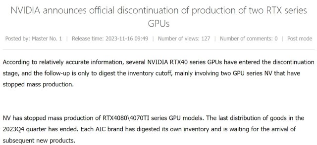 Screenshot from Board Channels stating that Nvidia has allegedly ceased production of two of its graphics cards.