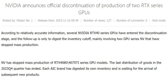 Ảnh chụp màn hình từ Board Channels cho thấy Nvidia được cho là đã ngừng sản xuất hai card đồ họa.