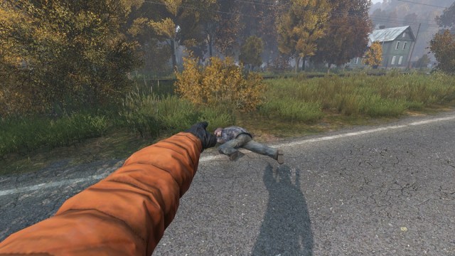 DayZ: an arm pointing at a dead zombie in the road.