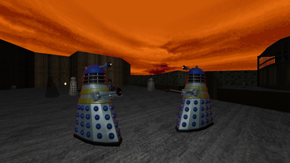 Doctor Who Daleks in Doom, with an orange sky in the background.