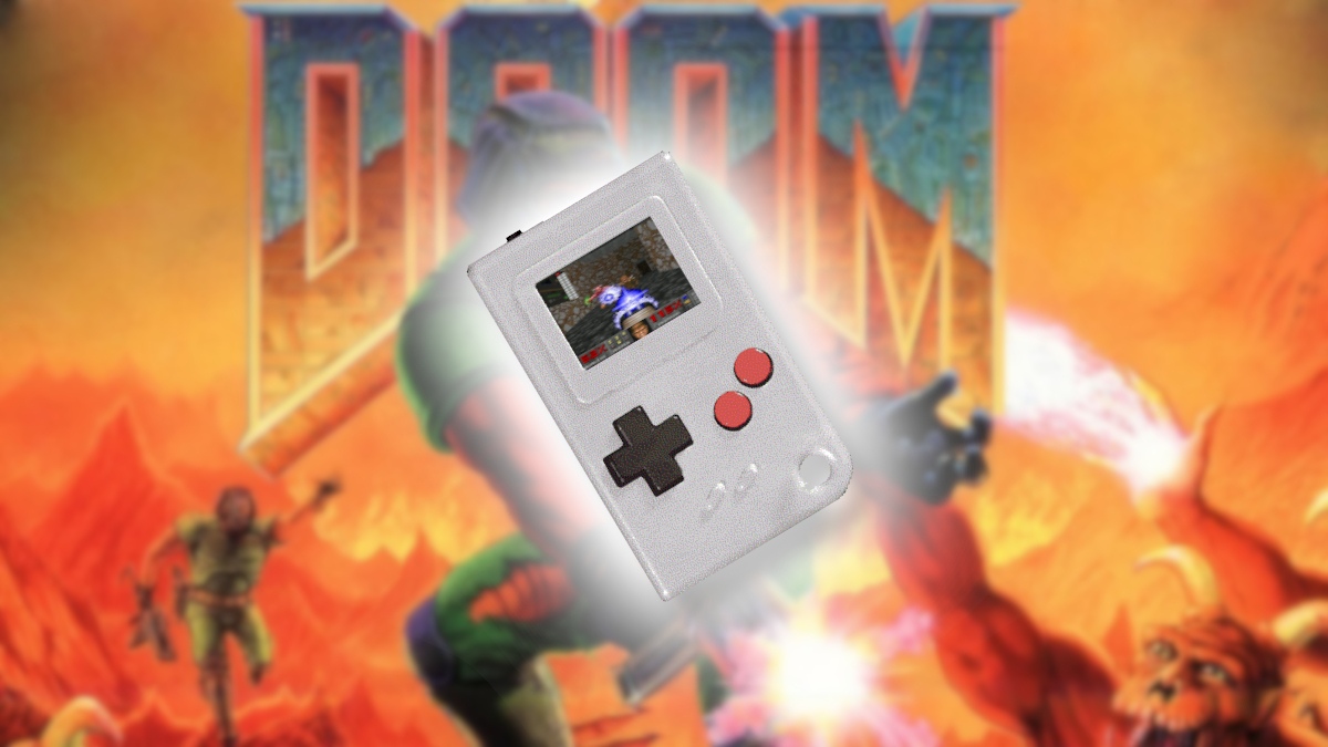The Doom logo with a tiny Game Boy-style device in the center.