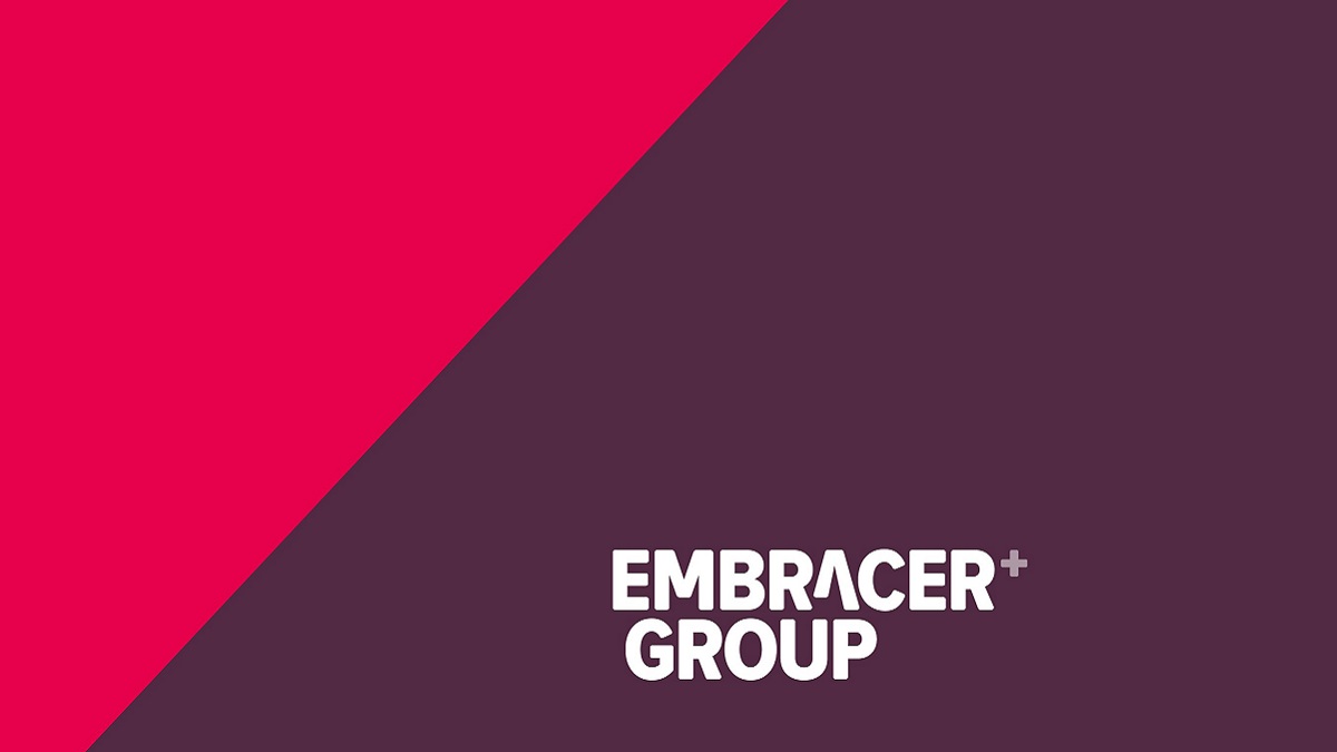 Embracer Group logo on a purple and pink backgroubd.