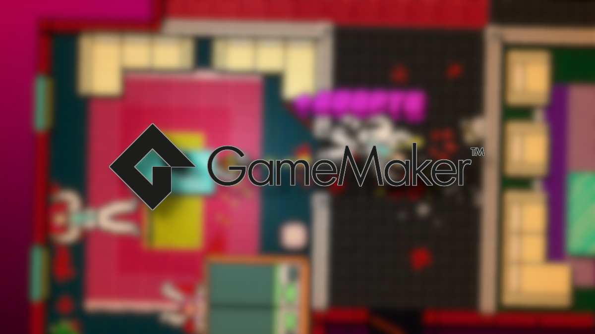 GameMaker logo with a blurry screenshot from Hotline Miami behind it.