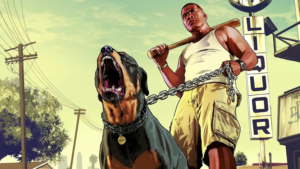 Franklin and Chop in Grand Theft Auto 5.