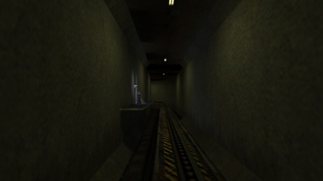 Half-Life: a security guard bangs on a door as the monorail goes past.