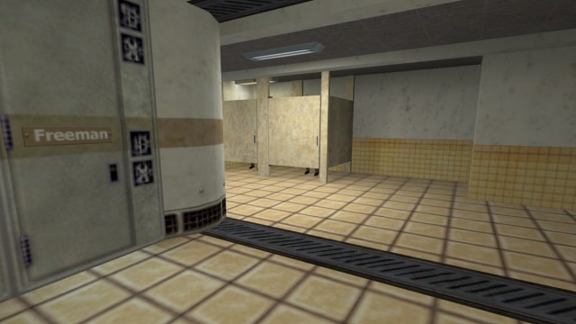 Half-Life: pairs of feet can be seen under toilet cubicles in the changing room.