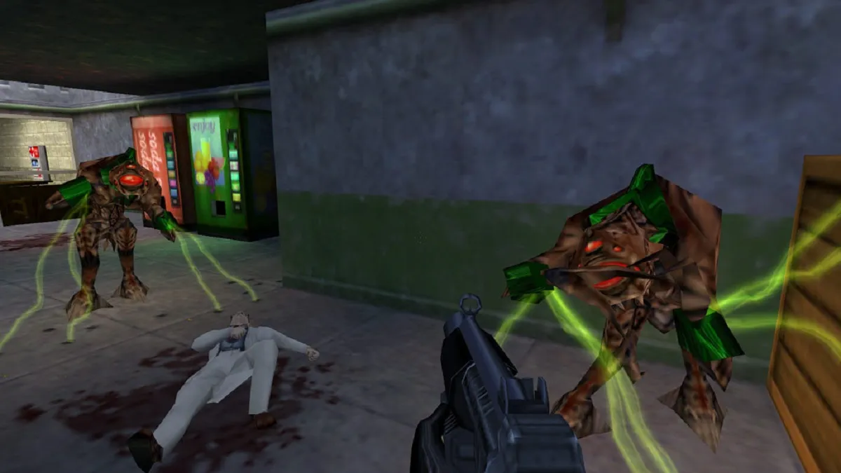 Half-Life: Gordon Freeman about to be attacked by two Vortigaunts.