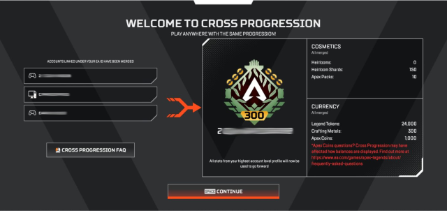 merging accounts to enable cross-progression in Apex Legends