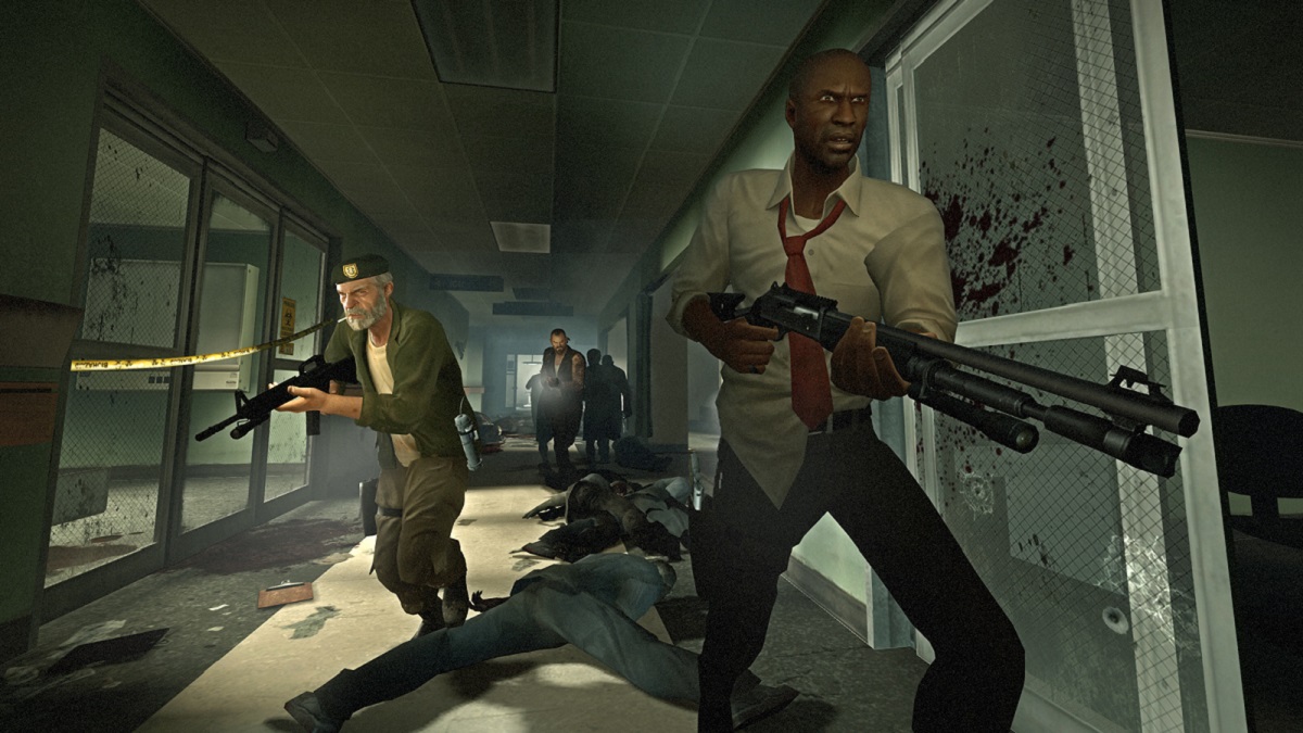 Left 4 Dead: Bill, Francis, and Louis in a zombie-infested corridor in Mercy Hospital.