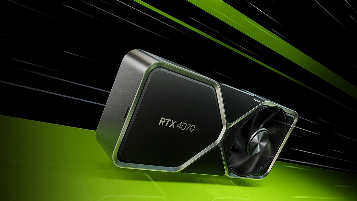Nvidia RTX 4070 graphics card on a black and green background.